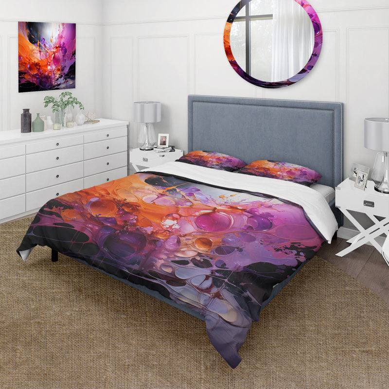 Ensemble de housse de couette orange mauve à motif abstrait fractal, Housse de couette pour grand lit et 2 taies décor