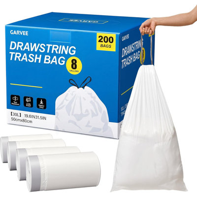 Tall Trash Bags 30L (8 Gallon), with Drawstring, 200 Count (4 Rolls)