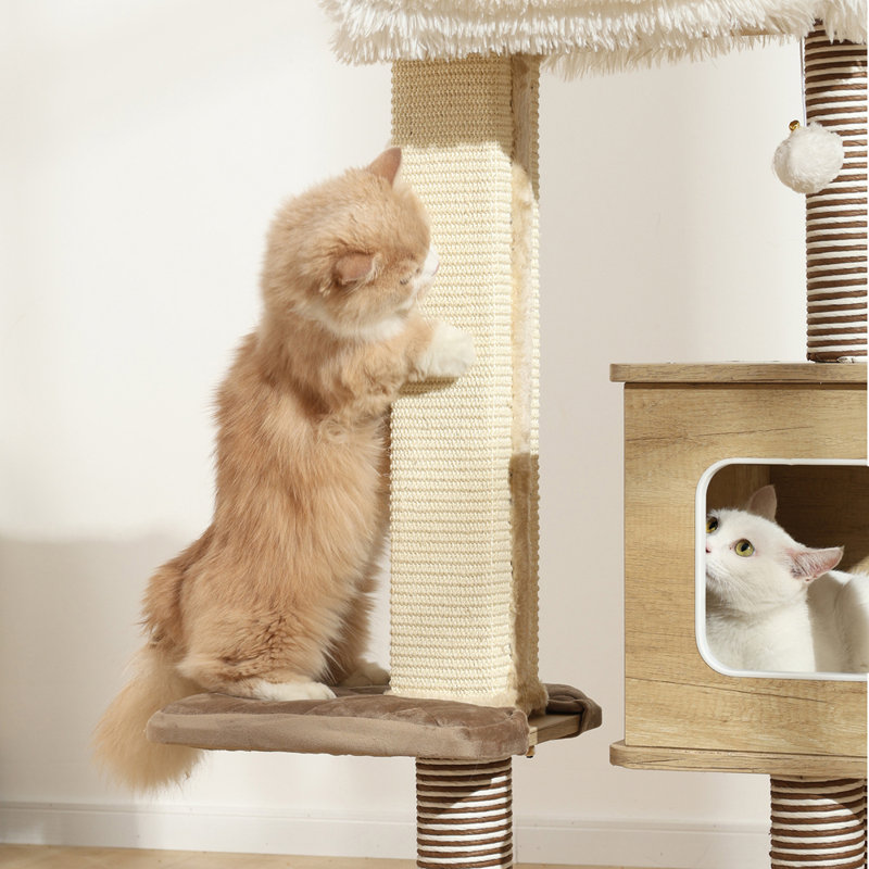 Tour pour arbre à chat, condo pour chat en bois de 41,7 po avec poteaux à griffes recouverts de sisal et pom-pom moelleux, mobilier d'escalade à plusieurs niveaux avec plateforme de saut pour chats d'intérieur