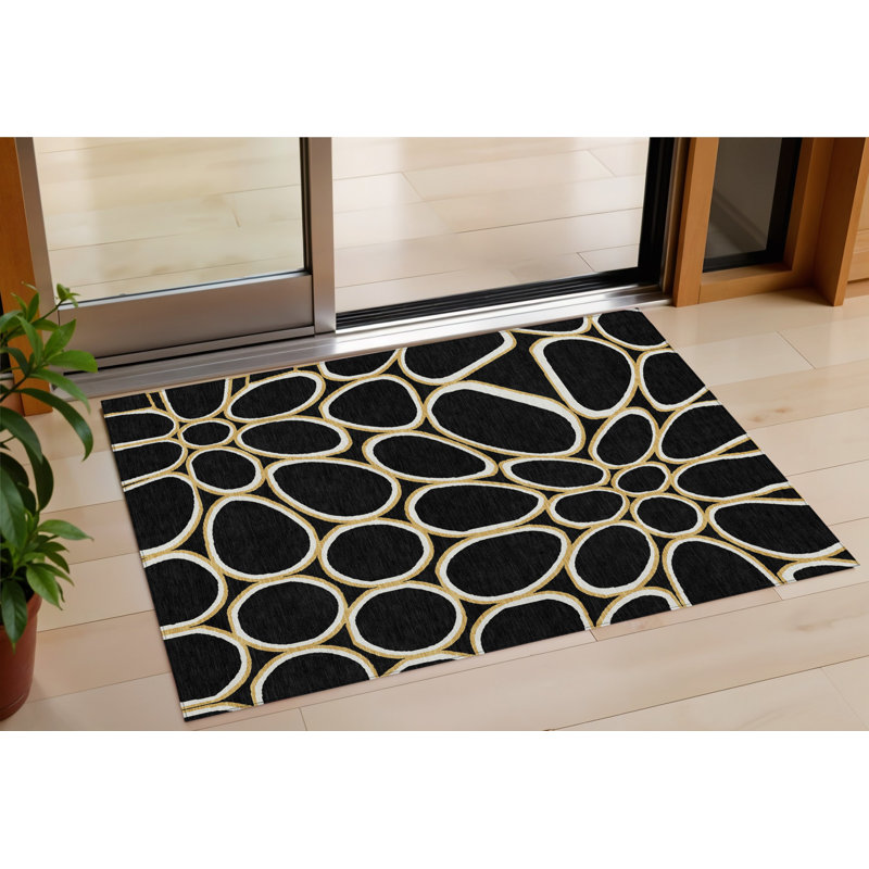 3' X 5' Black Ivory And Beige Abstract Washable Indoor Outdoor Area Rug