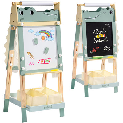 Alligator Easel for Kids - 3-in-1 Adjustable Height Wooden Children Easel with Magnetic Whiteboard, Chalkboard & Paper Roll Holder
