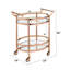 Chariot de service ovale en verre transparent et finition or rose, 2 tablettes de rangement ouvertes, tablette supérieure trempée de 5 mm, poignées en métal à base de miroir de 3 mm, roulettes, roues en plastique pour la conservation du sol,