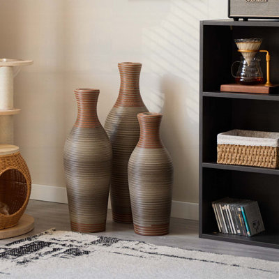 Hand-Woven PVC Rattan Vases, Set of 3 Brown Decorative Floor Vases, Pure Handmade Imitation Rattan for Farmhouse Home Decor