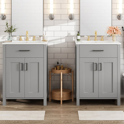 Meuble-lavabo moderne de 48 po comprenant un lavabo en céramique, une structure en bois massif et une tablette réglable en forme de U pour un lit double Essentials avec double lavabo, fonction silencieuse à fermeture en douceur, articles de toilette à tiroir rabattable