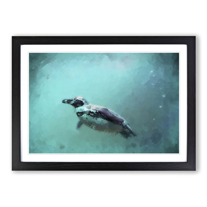 Solo Swimming Penguin in Abstract - Picture Frame Painting Print, 36cm H x 48cm W x 2cm D, Black Framed