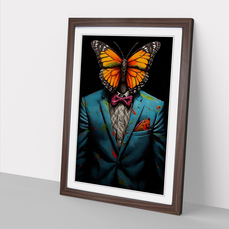 Butterfly In A Suit Painting No.2 - Single Picture Frame Print on Wood, Walnut Framed, 34cm H x 25cm W x 2cm D