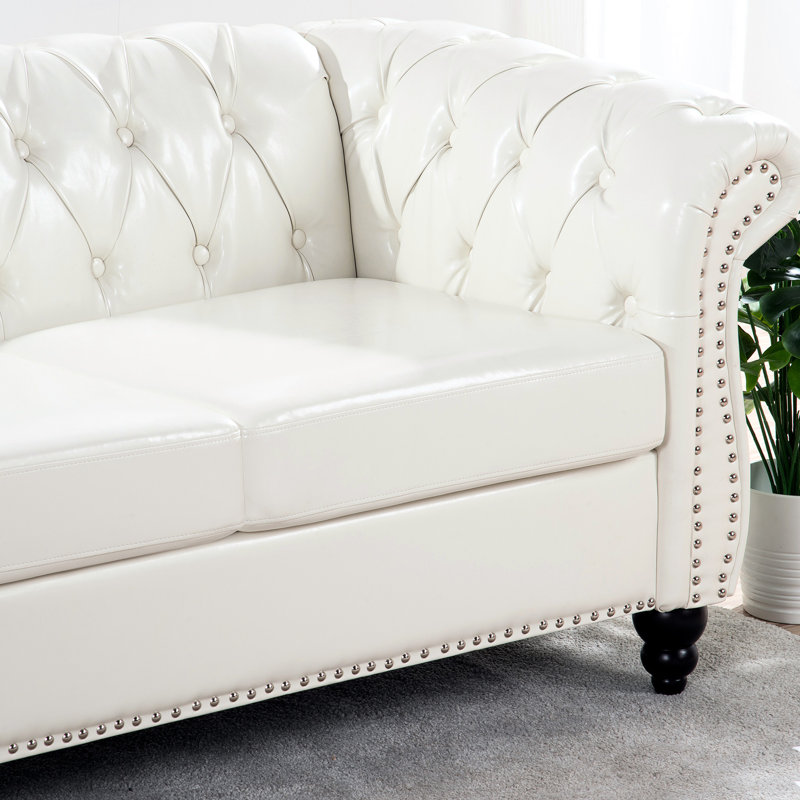 Canapé 3 places blanc de 211,8 cm (83,28 po), revêtement en similicuir, rembourrage en mousse, structure en bois massif et contreplaqué, pieds stables en bouleau avec accoudoirs arrondis, assise longue, revêtement en similicuir, rembourrage et structure, peinture vernie