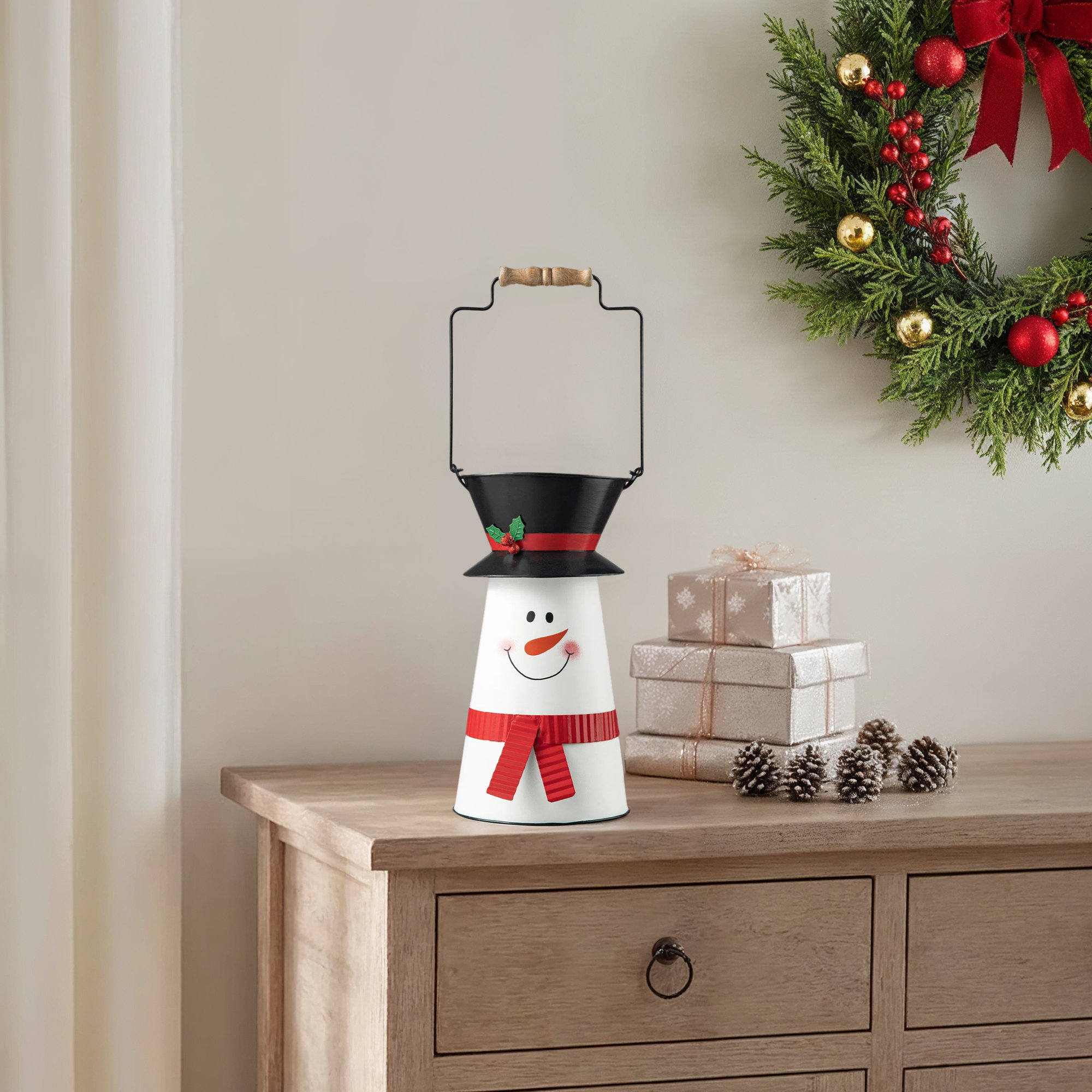 19.50"H Metal Christmas Snowman Decorative Bucket
