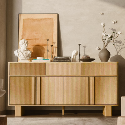Fluted Buffet Cabinet with 3 Doors & 3 Drawers, 47” Wide Modern Sideboard with Faux Marble Top, Rounded Corners, Storage for Dining Room, Living Room, Hallway