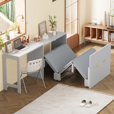 Murphy Bed Cabinet With Movable L-Shaped Desk And Cushion