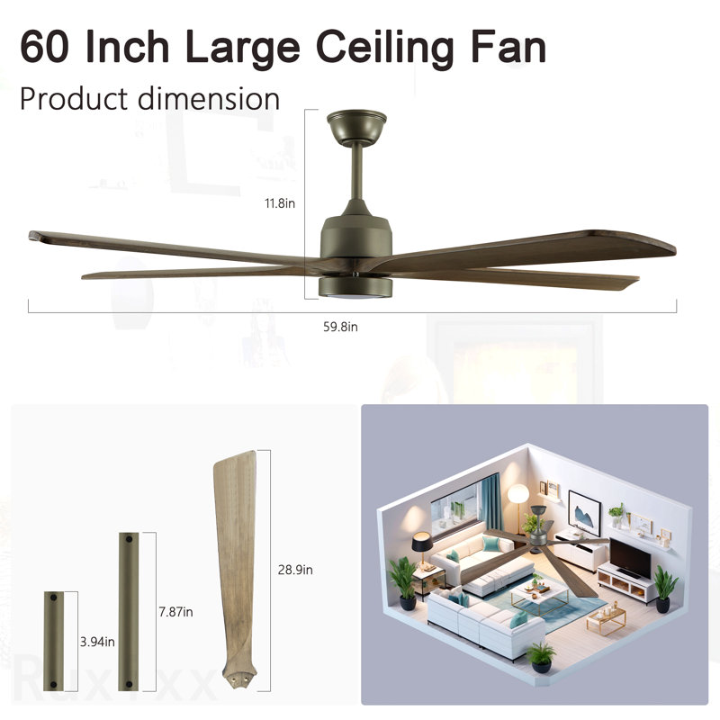 Ventilateur de plafond 60 po en bois moderne avec lumière et télécommande, moteur à courant continu réversible à 6 vitesses, ventilateur de plafond pour le salon de la cuisine