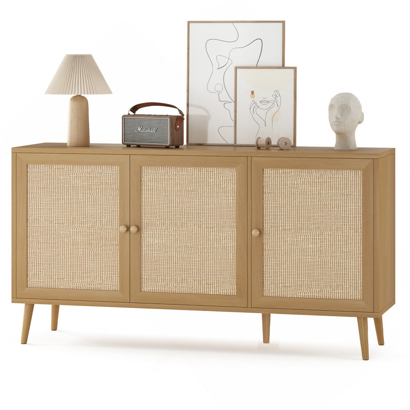 Modern Sideboard Buffet Cabinet With 3 Rattan Doors, Natural, 31.1" H x 59.1" W x 15.4" D