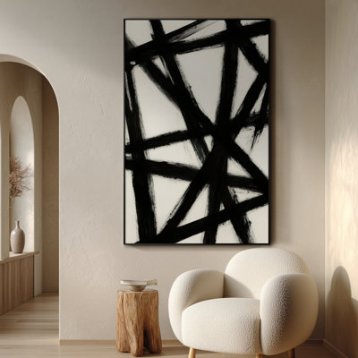 Extra Large Wall Art Fabric Print - Black & White Abstract Art Bold Pattern Contemporary Artwork Decor for Living Room or Bedroom - "Frame Assembly Required (Unfinished Frame)"