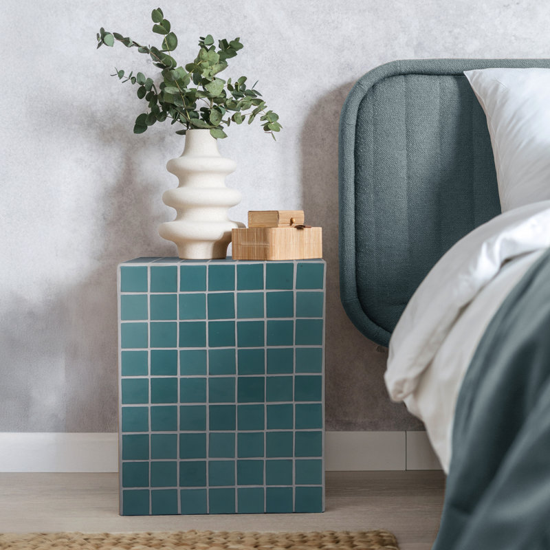 Callista Modern 18" Teal Blue Ceramic Tiled Cube Side Table, Glossy Square Mosaic Pedestal Accent End Table for Living Room & Bedroom