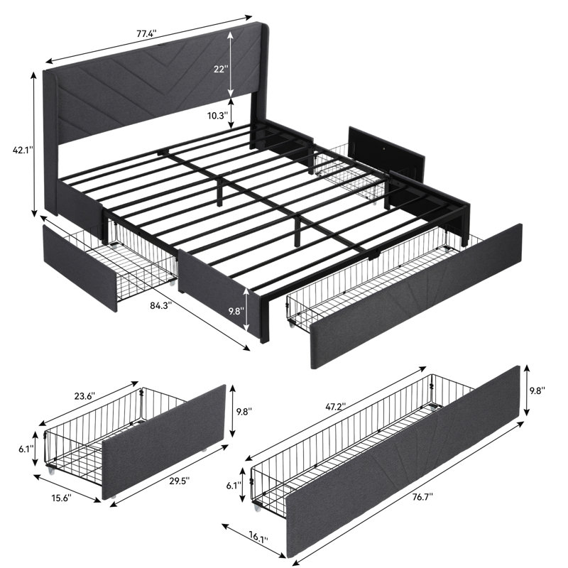 Structure de lit en métal avec tête de lit tapissier, tiroirs de rangement, ports de chargement USB et Type-C, aucun sommier nécessaire