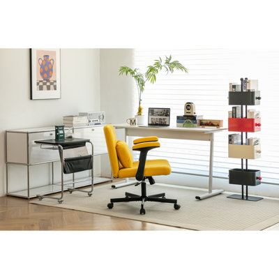 Fauteuil de bureau moderne avec roulettes jaune moderne - Confortable pour le travail et la détente, confort réglable, lin respirant, accoudoirs en lin plus large, idéal pour les loisirs à la maison, hauteur, 360