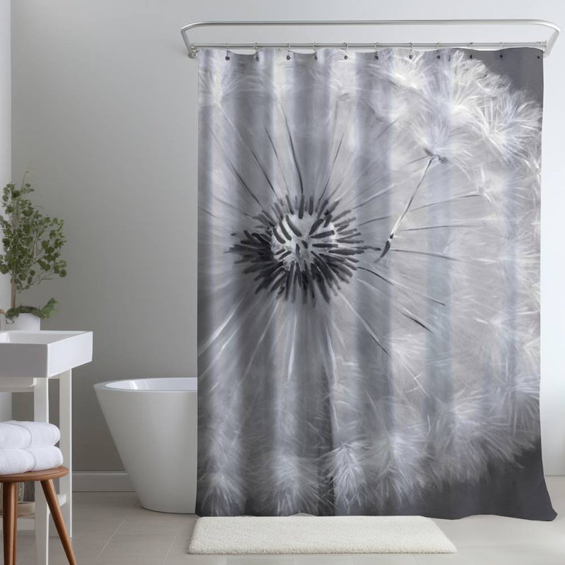 Dandelion Puff Ball Shower Curtain | Romantic Floral Decor, White/Gray Floral 72