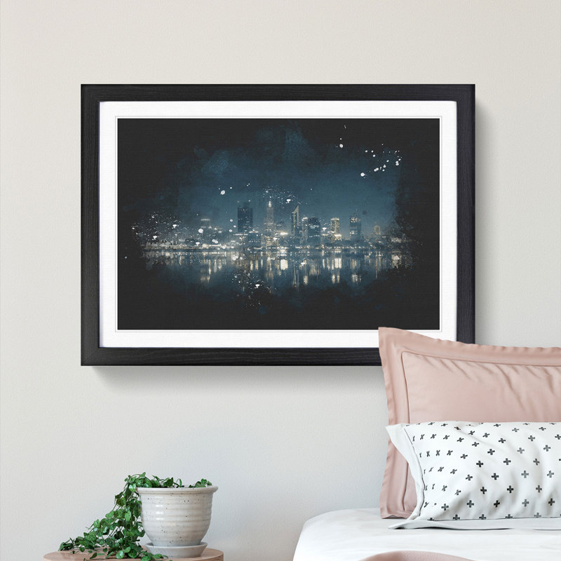 Perth City Skyline Australia at Night - Picture Frame Graphic Art Print, 62cm H x 87cm W x 2cm D, Black Framed