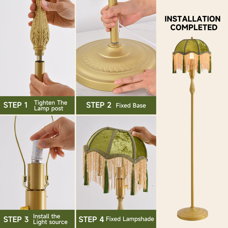 Vintage Floor Lamp With Green Tasseled Shade, Gold Stand, Retro Style Living Room Lighting