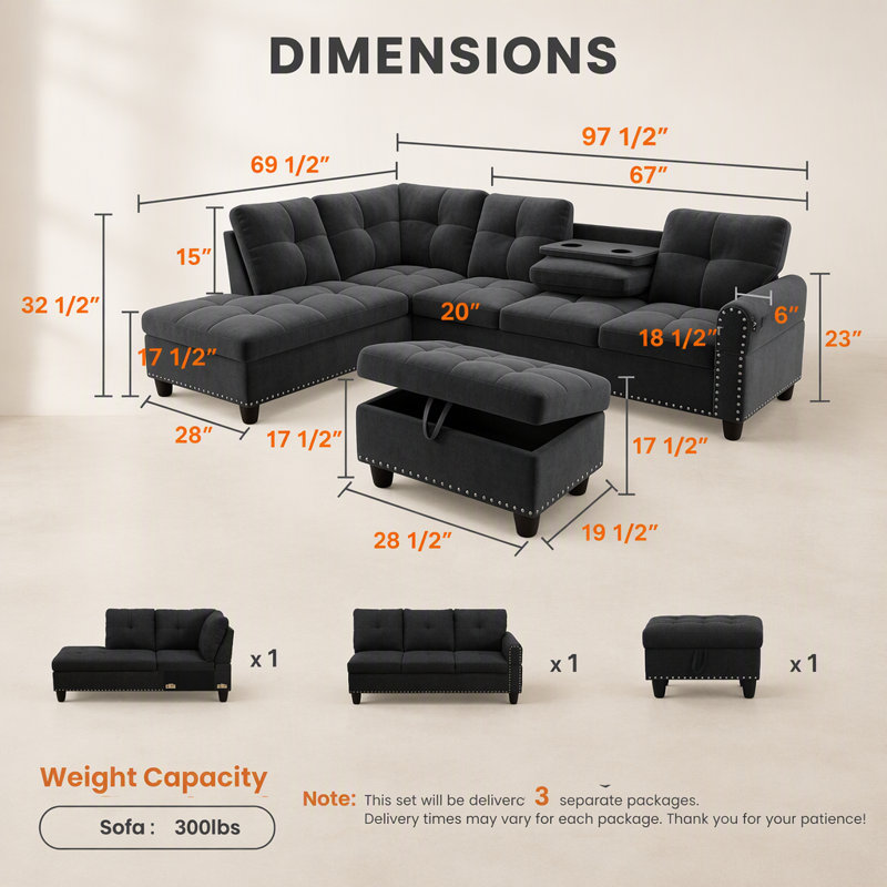 Canapé modulaire en L 69 po x L 69,5 po x L 97,5 po avec repose-pieds et porte-gobelets de rangement (méridienne gauche) 69,5 po x 97,5 po