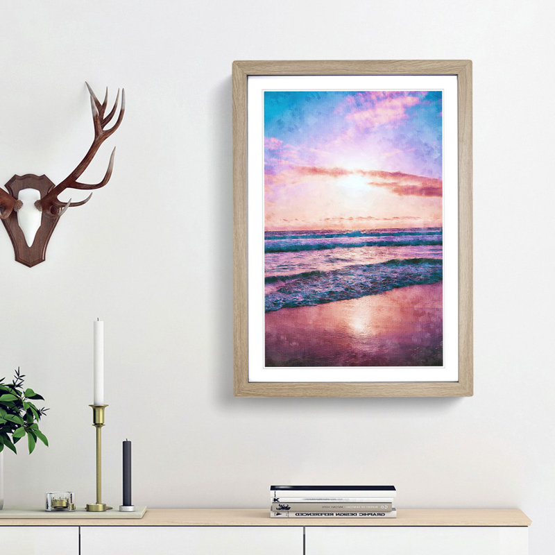 Pink Beach - Single Picture Frame Print on MDF, 87cm H x 62cm W x 2cm D, Oak Framed