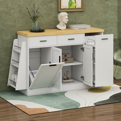 Multi-Functional Sideboard With Hidden Trash Can Storage, Sliding Door Cabinet & 3-Tier Spice Rack – Two-Tone Modern Design