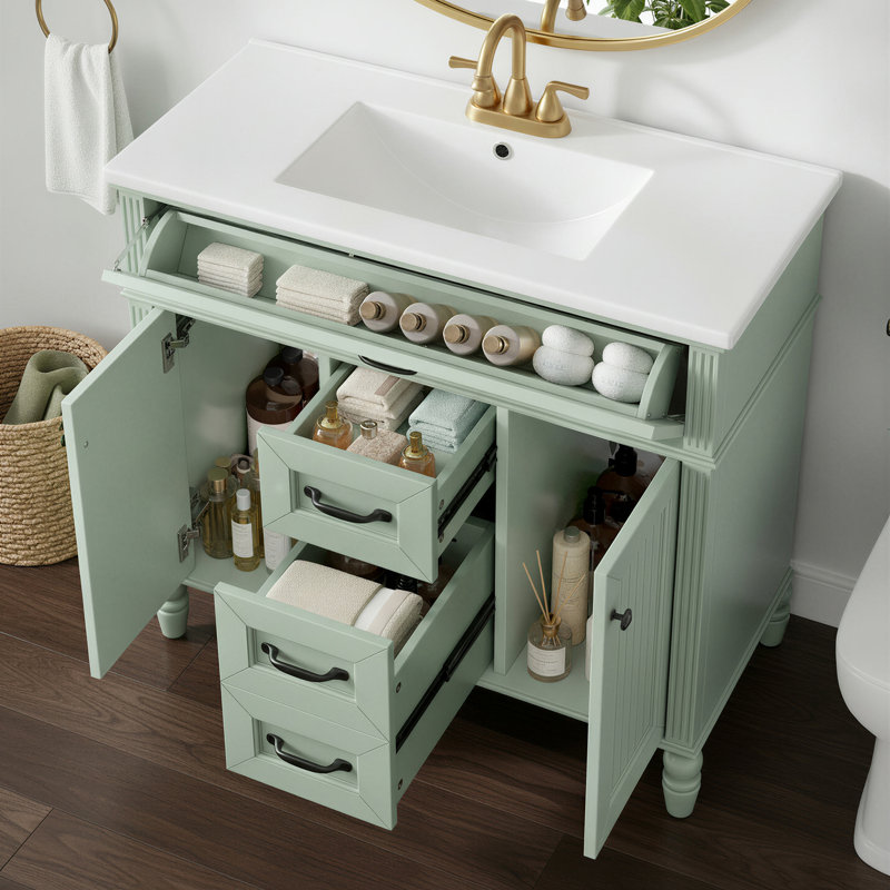 Meuble-lavabo de 91 cm avec lavabo en céramique, meuble de salle de bain autoportant, tiroir supérieur rabattable, portes à fermeture amortie, 2 tiroirs de rangement, vert sauge