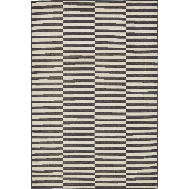 Tapis rayé ivoire / noir Arzilla, Rectangle 6 pi x 9 pi, Black