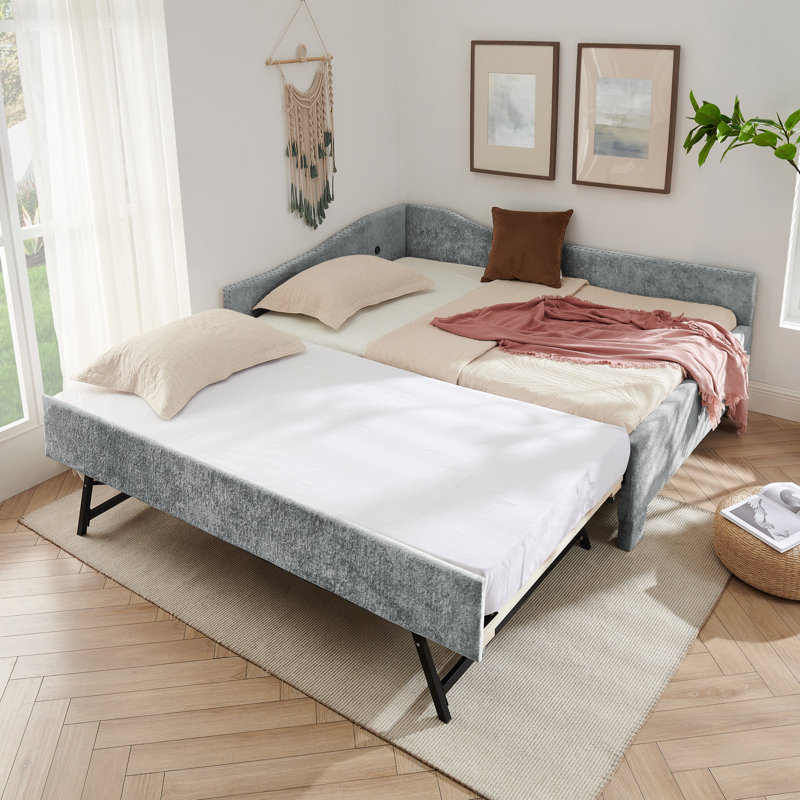 Full Size Curved Round Edge Padded Backrest Daybed, Vintage Nailhead Trim Chenille Daybed with Pull-out Trundle and USB Port