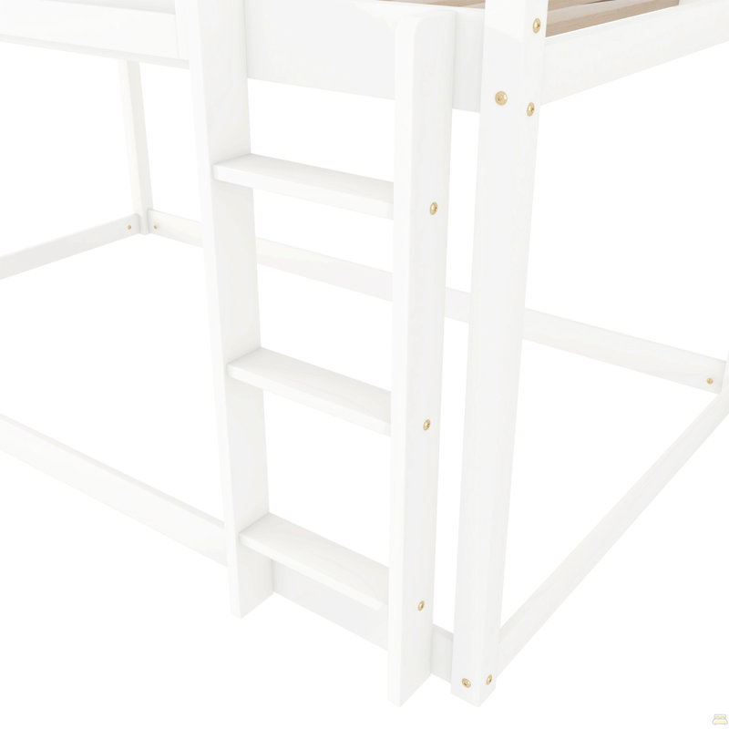 Lit superposé bas simple au-dessus de simple, lit superposé au sol avec échelle, lit superposé simple en bois massif, Blanc