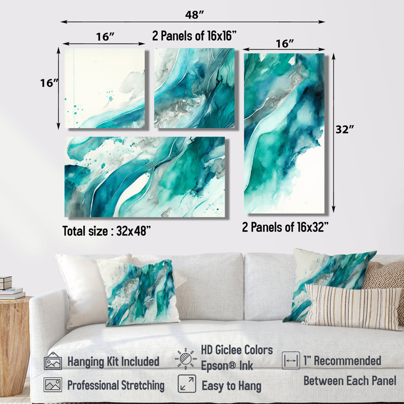 Turquoise Waves In Paradise I - Décoration murale moderne verte 4 pièces, Impression encadrée sans passe-partout, Doré