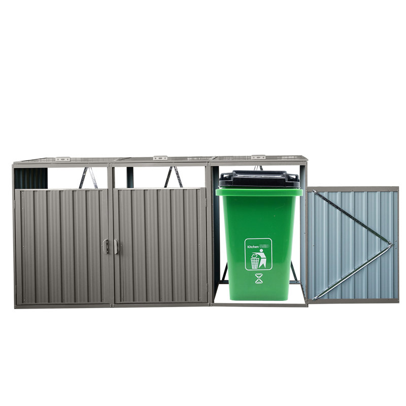 Abri à poubelles en métal gris - Peut contenir 3 poubelles, antirouille, ventilé, facile d'entretien. À assembler soi-même.