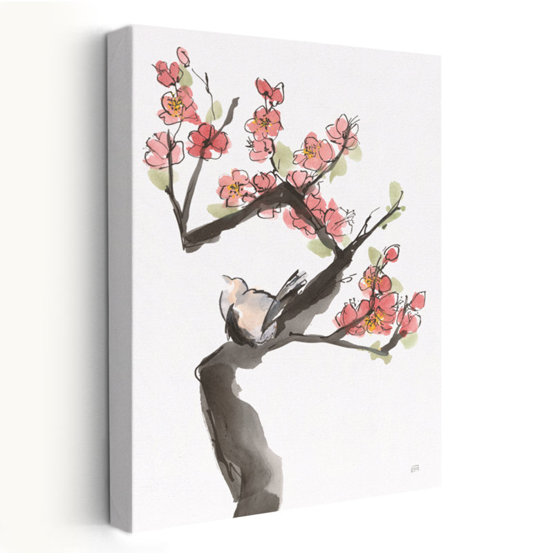 Prune rouge, branche I, animal contemporain, floral, oiseau noir, H 60 po x l 40 po