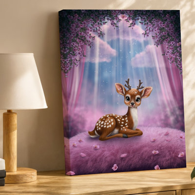 Toile dans un conte de fées fantaisiste mettant en scène un charmant jeune art mural de cerf avec de grands yeux expressifs et un sourire ludique