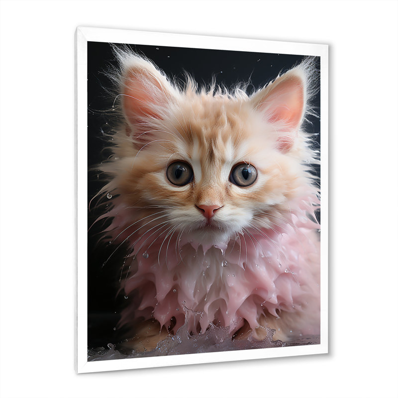 " Bathroom Cuddly Kitten Bath I " Print, 32" H x 24" W x 1" D, White Picture Framed