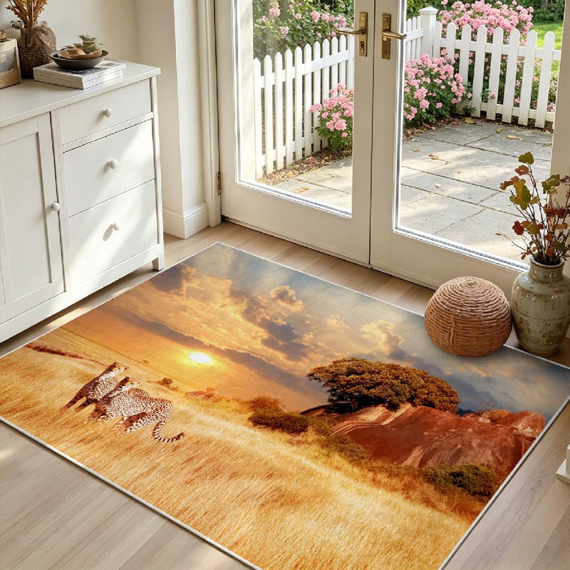 Tapis intérieur doré lavable à la machine, motif guépards dans la savane africaine, Rectangle 39 po x 63 po