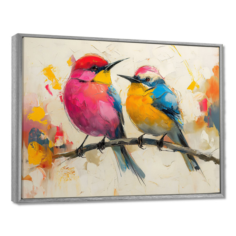 Oiseaux roses et jaunes sur une branche florale, Encadrement argenté, H 16 po x l 32 po x P 1 po