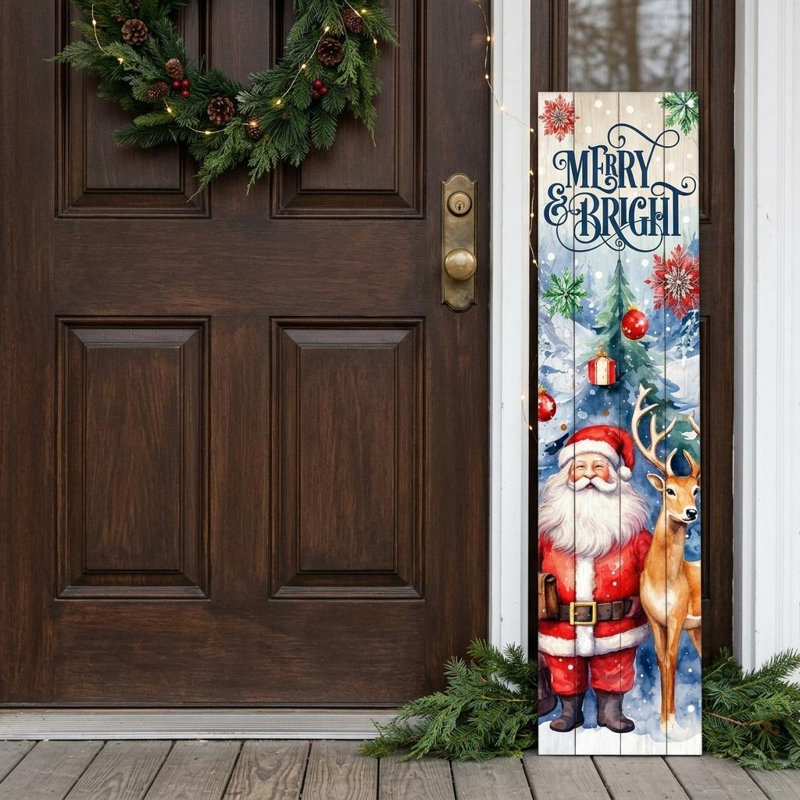 Enseigne de père Noël 36 "en bois massif bleu et rouge Merry & Bright