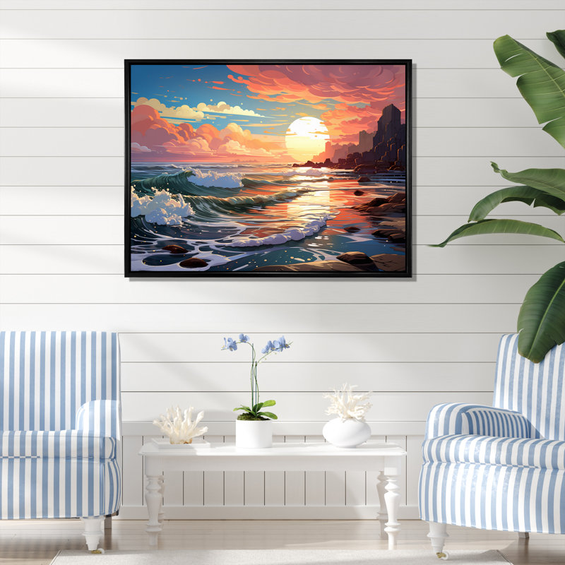«Glorious Pink Blossoming Sunrise Over Ocean I», reproduction sur toile, H 16 po x l 32 po, Cadre photo argenté
