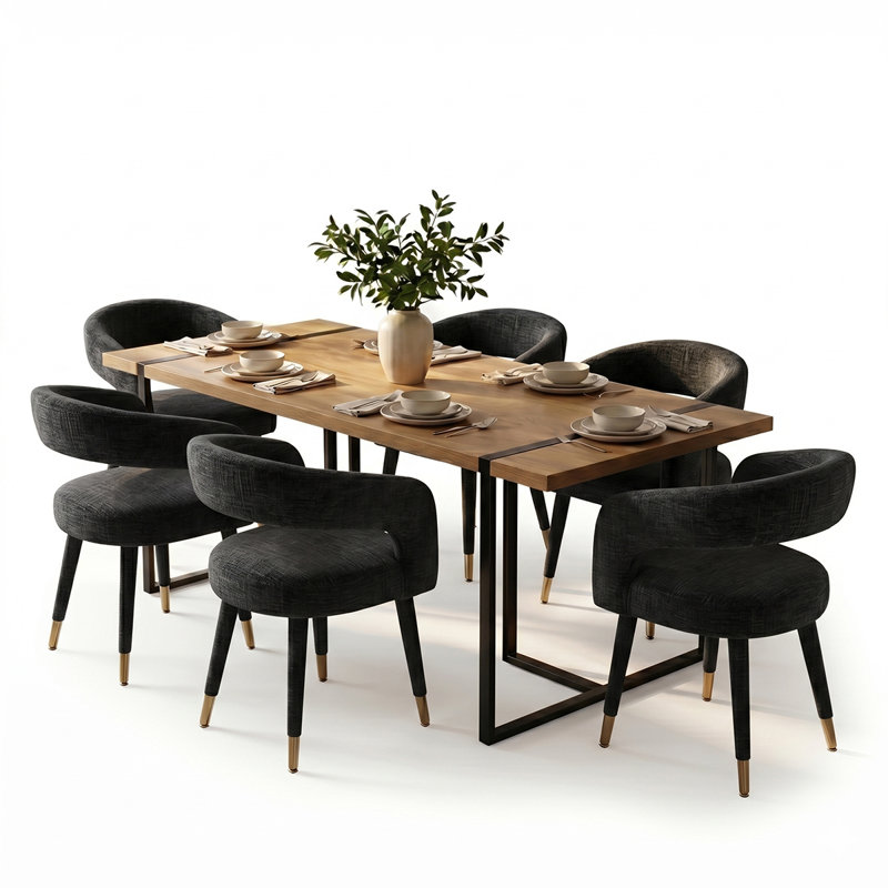 Modern 79" Rectangular Dining Table Set With 6 Upholstered Arm Dining Chairs, Black