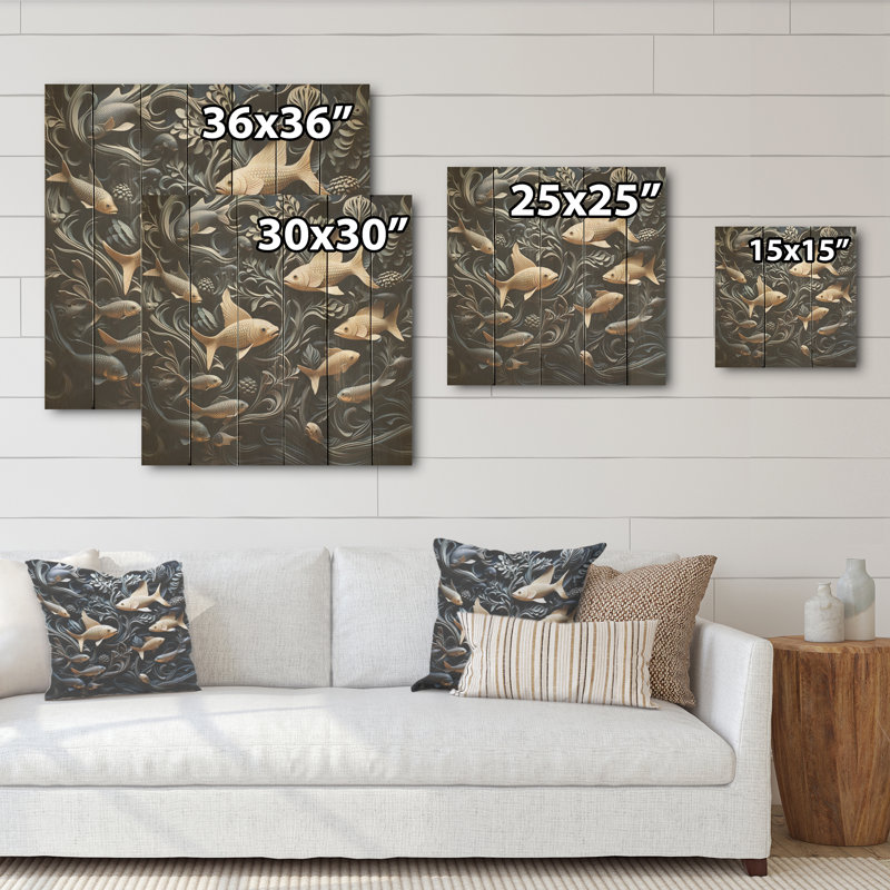 Poisson dans la mer, collage en noir - art mural en bois sur bois de pin naturel, H 15 po x l 15 po
