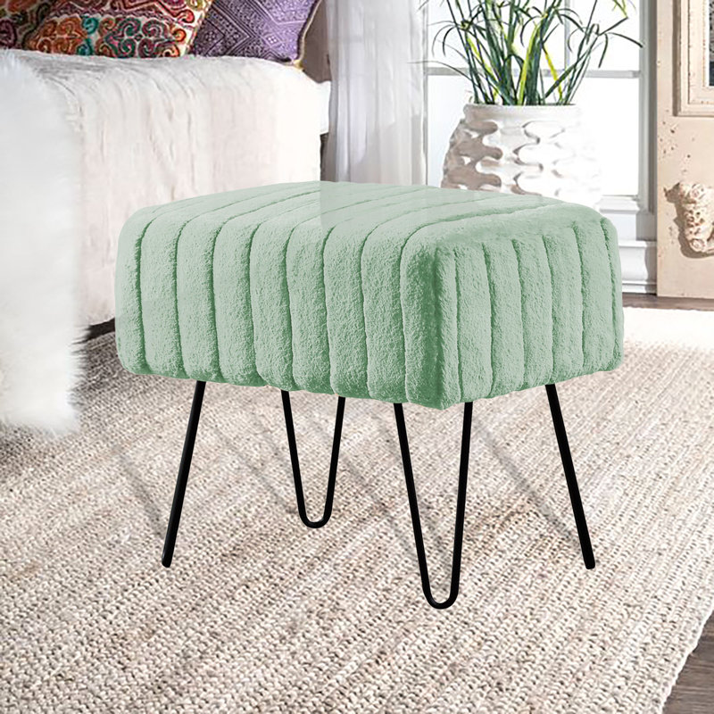 Defranco Upholstered Ottoman, Sea Foam Faux Fur