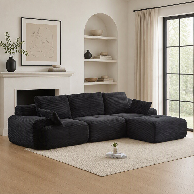 Canapé d'angle modulaire Cloud en velours côtelé noir moderne, en forme de L, assise extra profonde avec mousse à mémoire de forme compressée, adapté aux animaux de compagnie et facile à nettoyer pour les grands salons et les sous-sols.