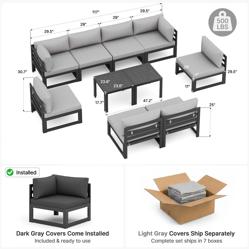 Gillean 8 - Person Modern Aluminum Outdoor Sectional Seating Group with Cushions & Coffee Table, Rust-Resistant Patio Conversation Set
