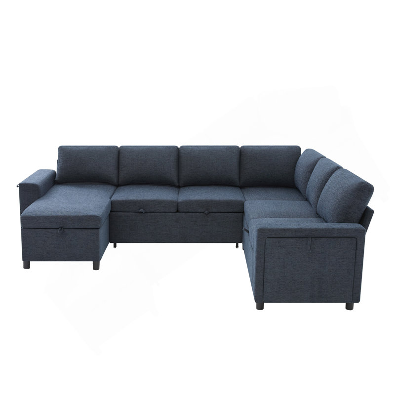 Canapé-lit modulaire convertible en U avec rangement, chargeur USB et porte-gobelets, canapé-lit en chenille rembourré pour le salon, bleu