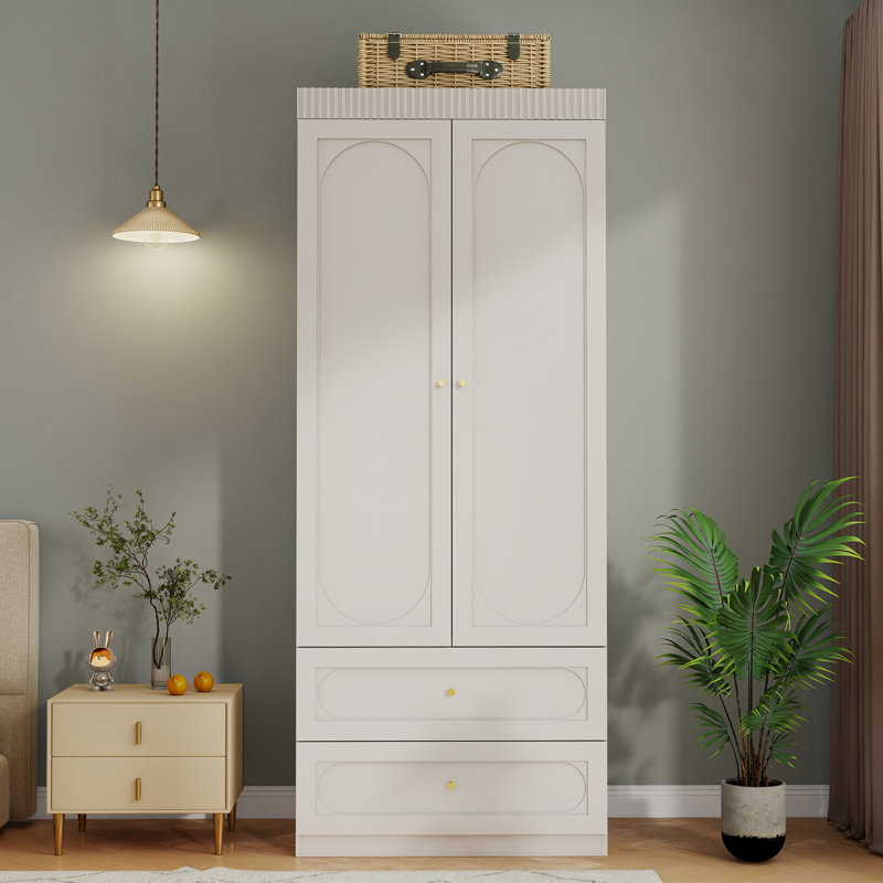 Armoire penderie 74,8 ", armoire en bois avec 2 portes, 2 tiroirs et tringle