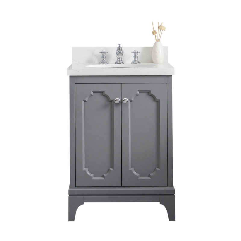 Grand meuble-lavabo de comptoir en marbre d'ingénierie avec robinet Carrara, Cascade, Gris cachemire