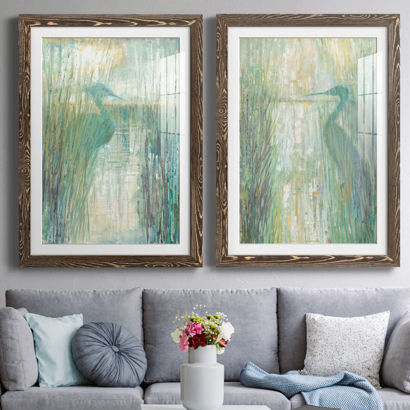 Morning Egret I - ensemble de 2 reproductions d'art, H 31,5 po x l 47 po x P 1,5 po, Papier, cadre noyer