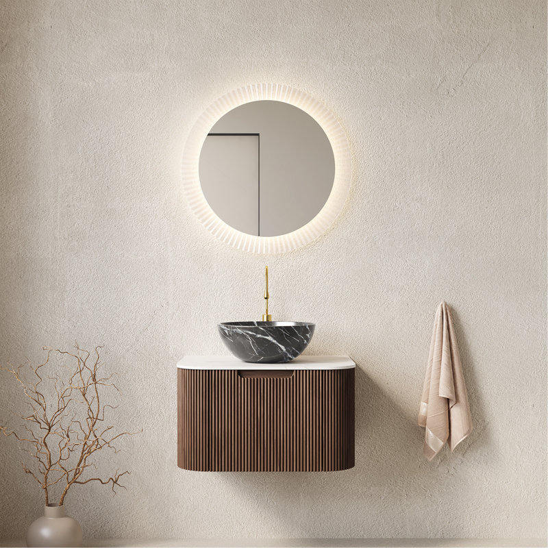 Meuble-lavabo de salle de bain 24 po avec lavabo, armoire de rangement murale à bords courbés et rayés avec tiroir, vasque en céramique noire avec motif en pierre, noyer foncé pré-assemblé
