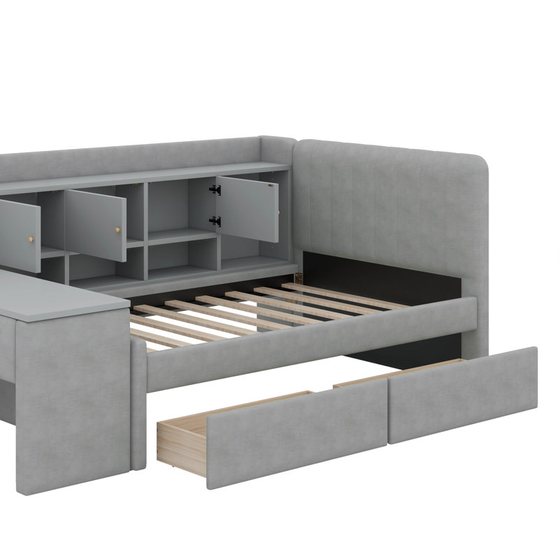 Lit de jour simple tapissier avec tiroirs, tablettes, armoires rabattables et table d'appoint, Gris